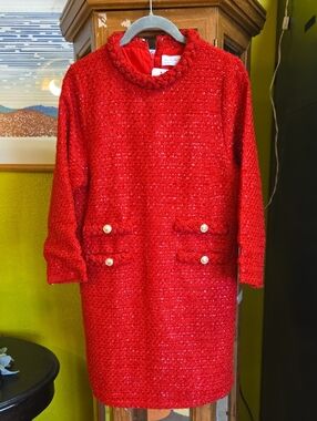 Women's Red Bouclé Long-Sleeve Dress with Gold Buttons